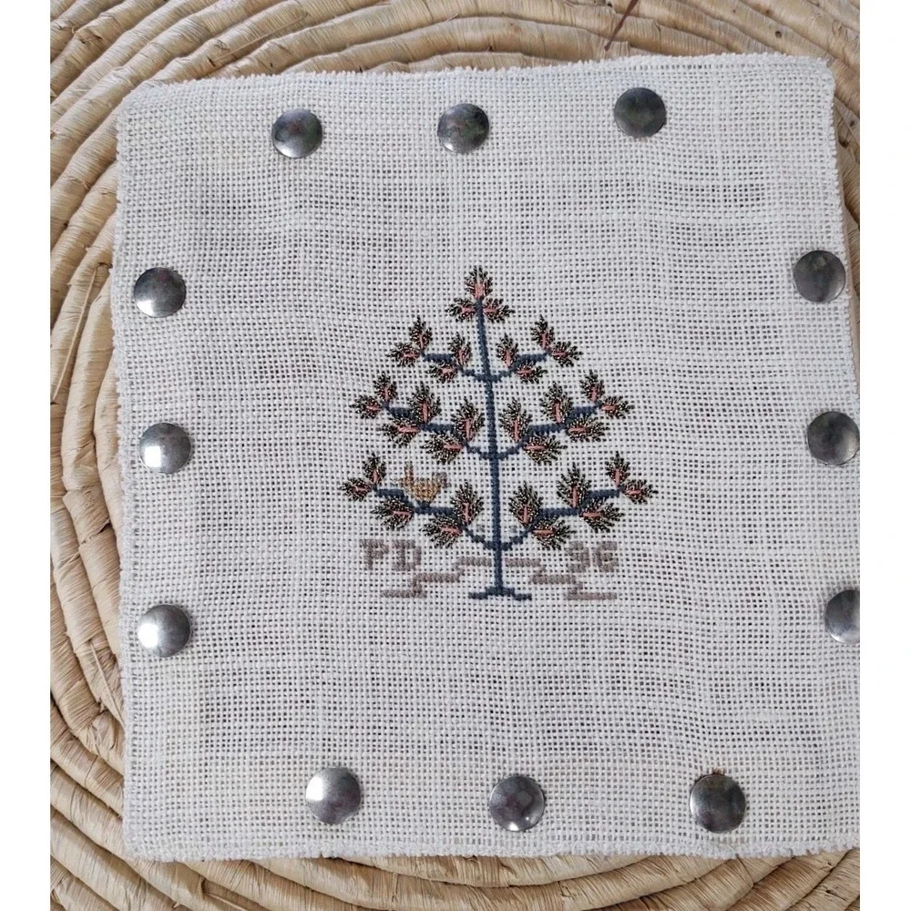 Vintage Completed Cross Stitch Tree Wood Frame Secured Brass Thumb Nails 7